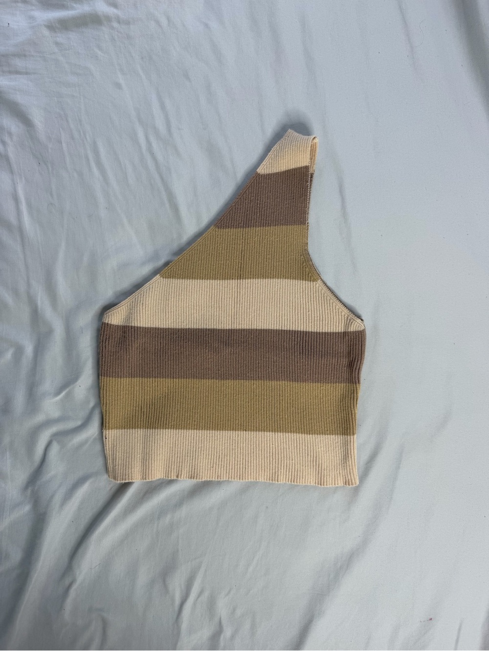 SHEIN One-Shoulder Striped Knit Crop Top in Cream, Olive & Brown